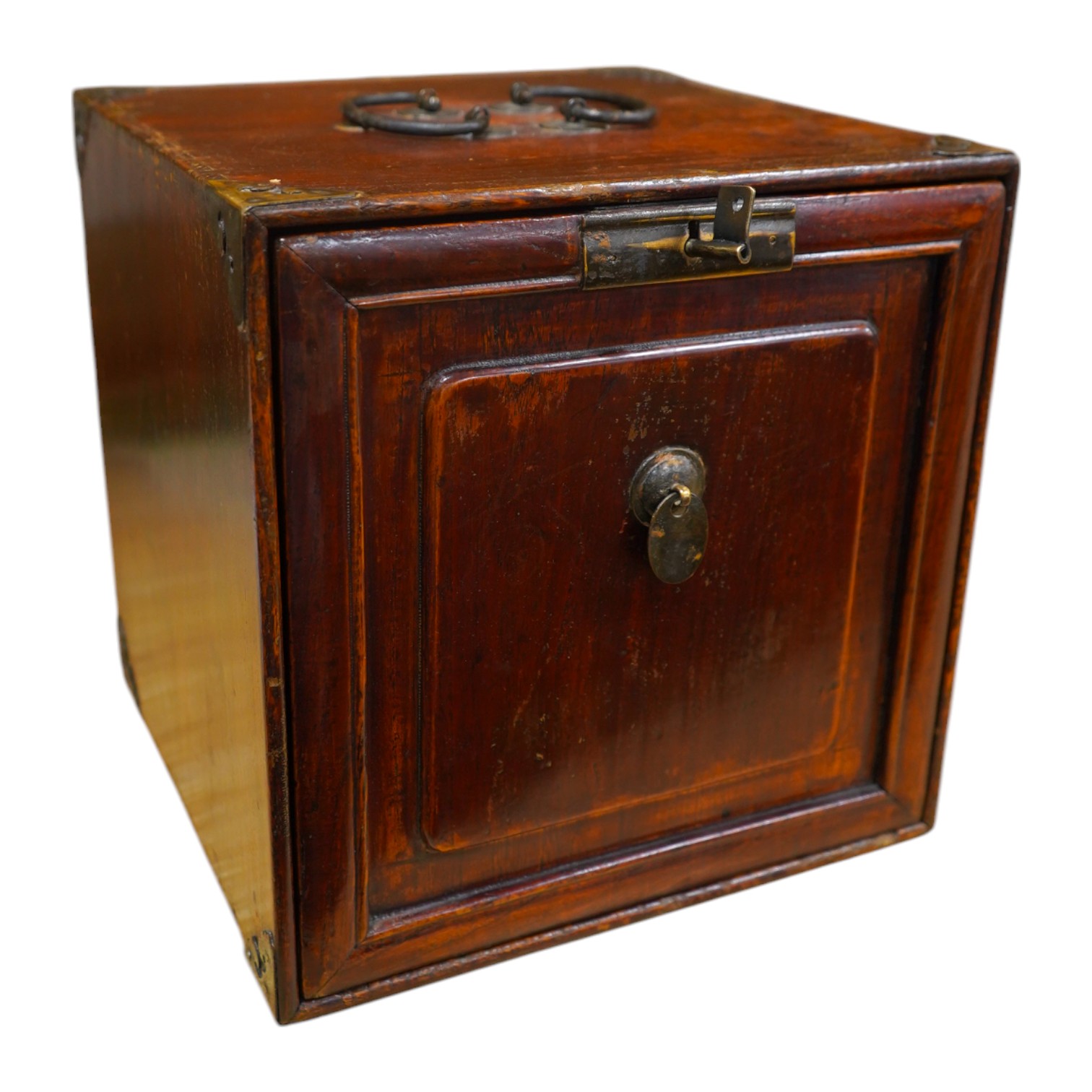 A 19th century Chinese elm scholar's seal cabinet with key, 31cm high. Condition - fair